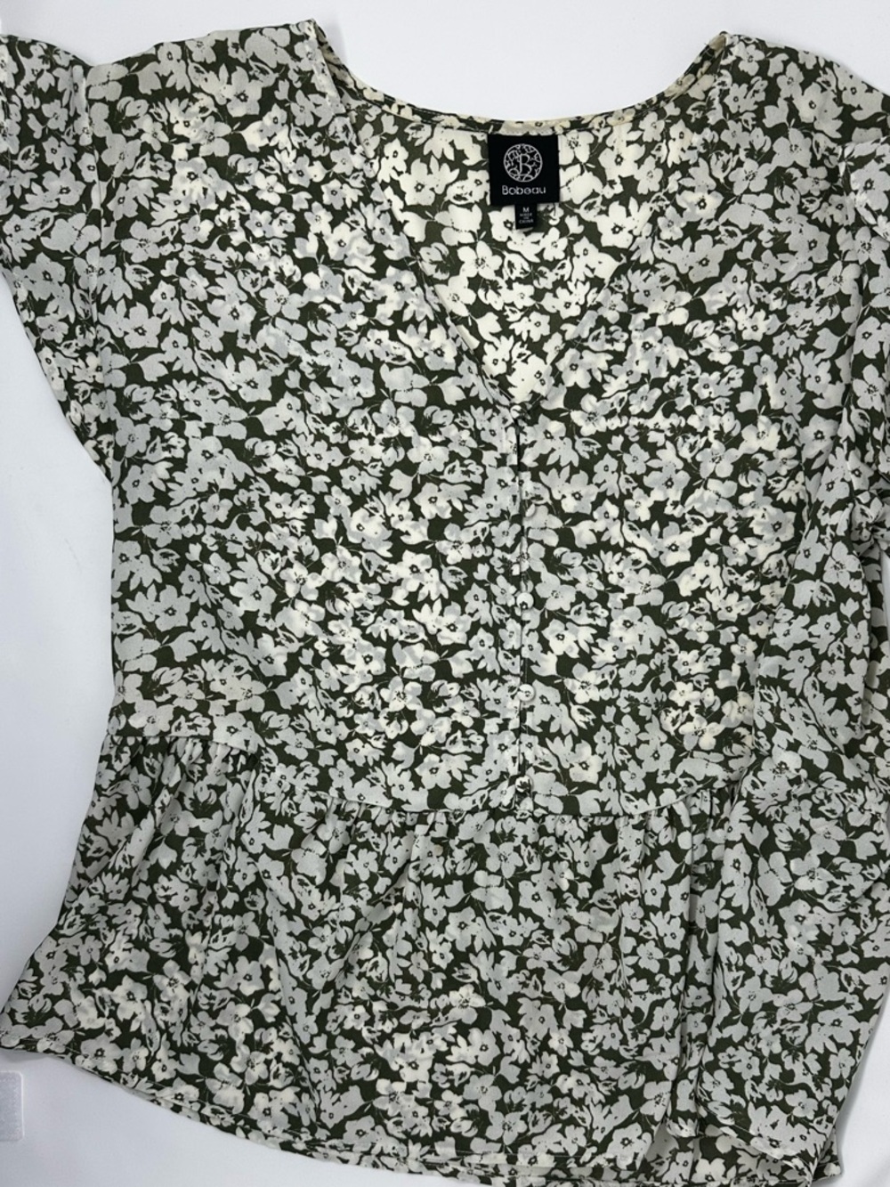 bobeau Olive Green and White Floral v neck Blouse